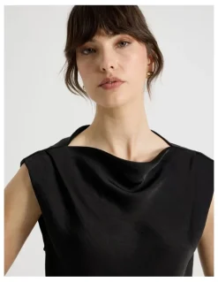 Basque Sleeveless Poly Satin Top in Black