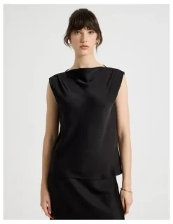 Basque Sleeveless Poly Satin Top in Black