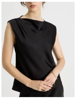 Basque Sleeveless Poly Satin Top in Black