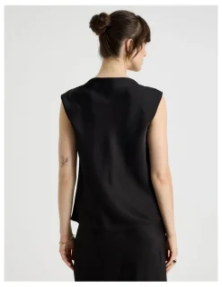 Basque Sleeveless Poly Satin Top in Black