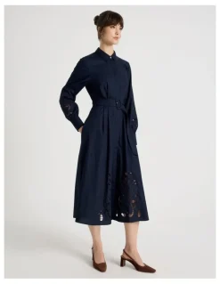 Basque Long Sleeve Cotton Cutwork Shirt Midi Dress in Navy