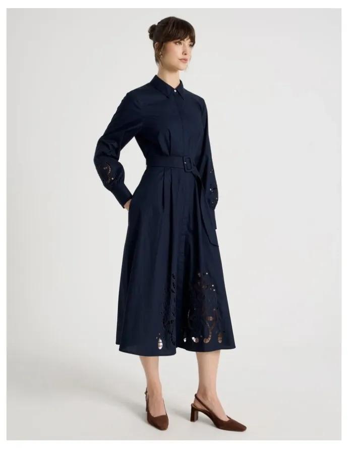 Basque Long Sleeve Cotton Cutwork Shirt Midi Dress in Navy