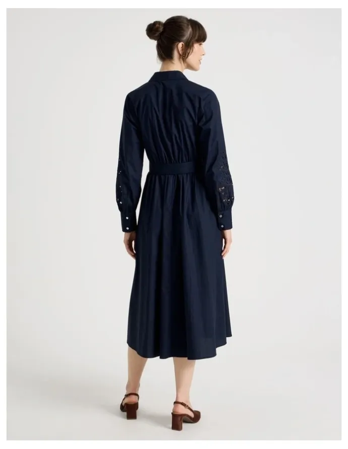 Basque Long Sleeve Cotton Cutwork Shirt Midi Dress in Navy