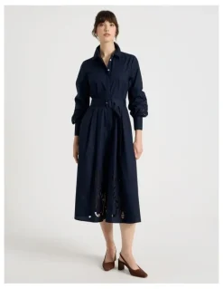Basque Long Sleeve Cotton Cutwork Shirt Midi Dress in Navy