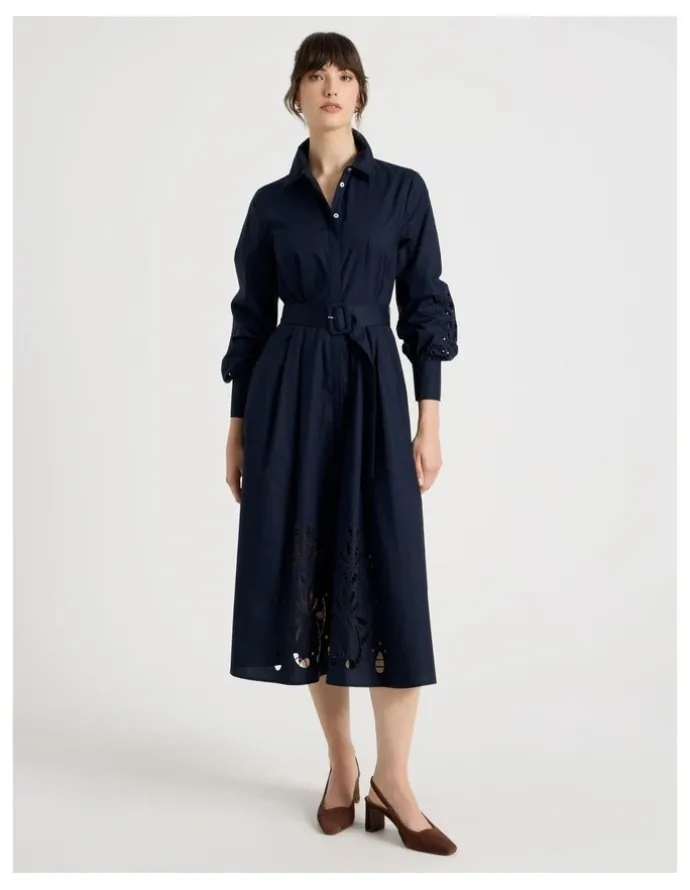 Basque Long Sleeve Cotton Cutwork Shirt Midi Dress in Navy