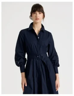 Basque Long Sleeve Cotton Cutwork Shirt Midi Dress in Navy