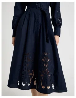 Basque Long Sleeve Cotton Cutwork Shirt Midi Dress in Navy