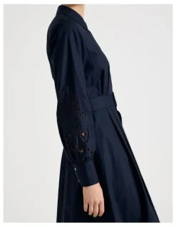 Basque Long Sleeve Cotton Cutwork Shirt Midi Dress in Navy