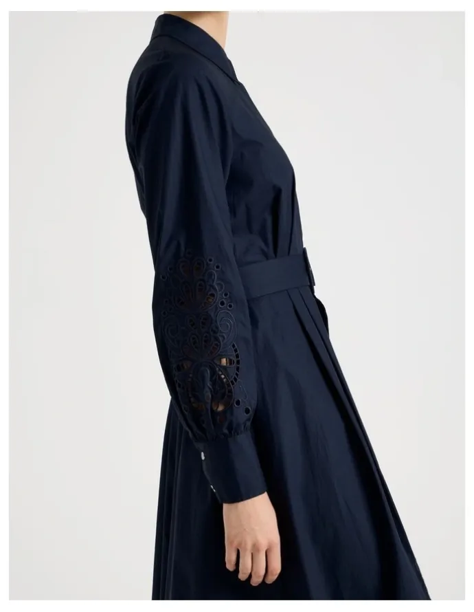 Basque Long Sleeve Cotton Cutwork Shirt Midi Dress in Navy