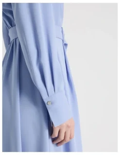 Basque Long Sleeve Midi Fluid Crepe Dress in Dusty Blue
