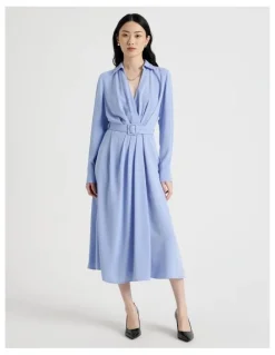 Basque Long Sleeve Midi Fluid Crepe Dress in Dusty Blue