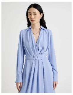 Basque Long Sleeve Midi Fluid Crepe Dress in Dusty Blue