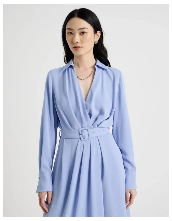 Basque Long Sleeve Midi Fluid Crepe Dress in Dusty Blue