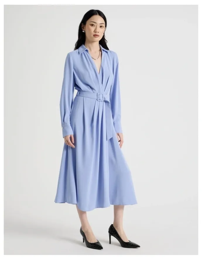 Basque Long Sleeve Midi Fluid Crepe Dress in Dusty Blue