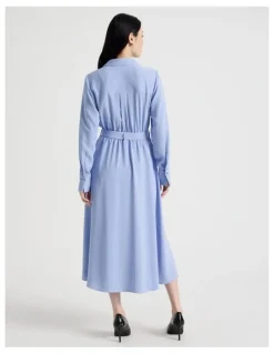 Basque Long Sleeve Midi Fluid Crepe Dress in Dusty Blue