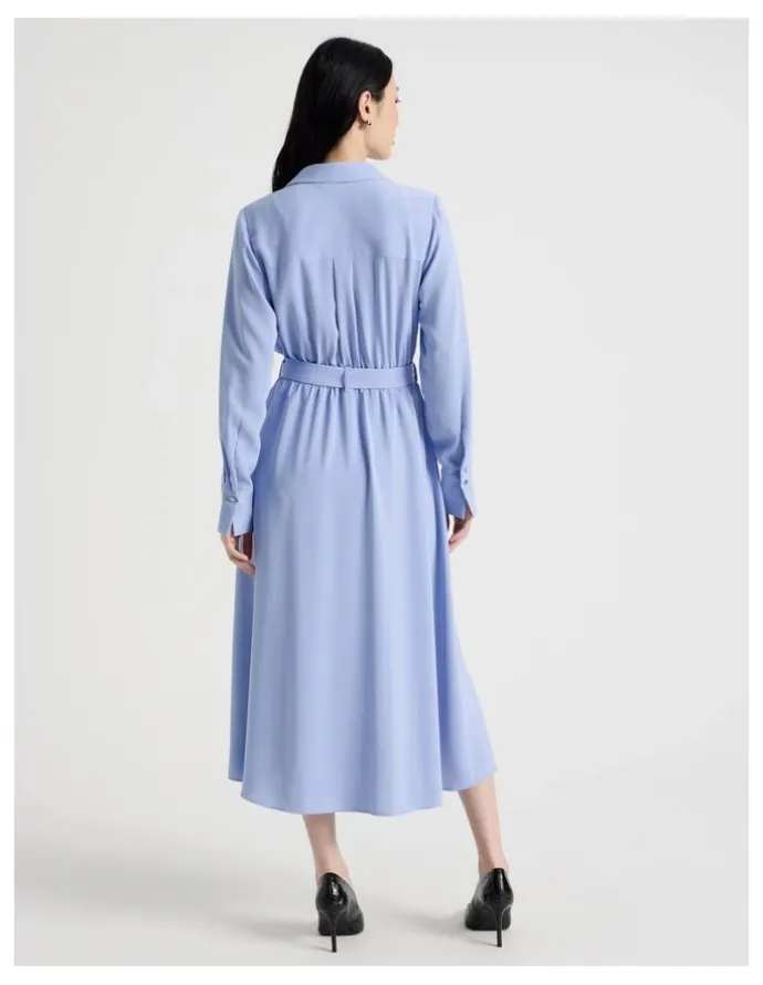 Basque Long Sleeve Midi Fluid Crepe Dress in Dusty Blue