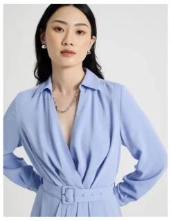 Basque Long Sleeve Midi Fluid Crepe Dress in Dusty Blue