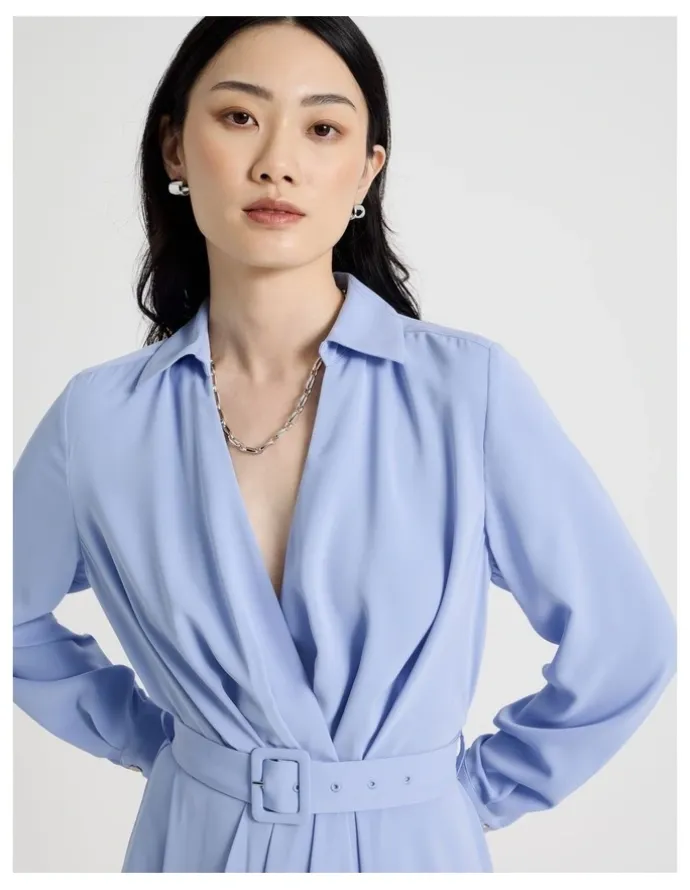 Basque Long Sleeve Midi Fluid Crepe Dress in Dusty Blue