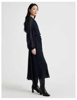 Basque Long Sleeve Midi Georgette Dress with Belt in Navy
