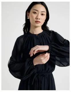 Basque Long Sleeve Midi Georgette Dress with Belt in Navy