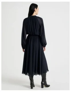 Basque Long Sleeve Midi Georgette Dress with Belt in Navy