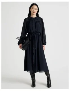 Basque Long Sleeve Midi Georgette Dress with Belt in Navy