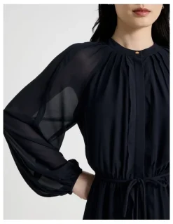 Basque Long Sleeve Midi Georgette Dress with Belt in Navy