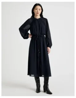 Basque Long Sleeve Midi Georgette Dress with Belt in Navy