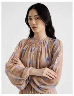 Basque Long Sleeve Midi Georgette Dress with Belt in Abstract Print