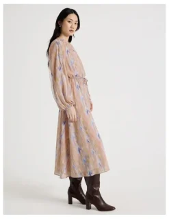 Basque Long Sleeve Midi Georgette Dress with Belt in Abstract Print