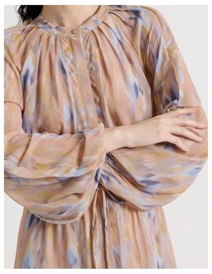 Basque Long Sleeve Midi Georgette Dress with Belt in Abstract Print