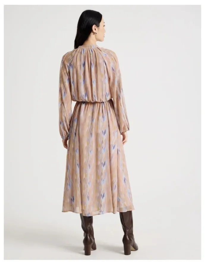 Basque Long Sleeve Midi Georgette Dress with Belt in Abstract Print