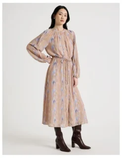 Basque Long Sleeve Midi Georgette Dress with Belt in Abstract Print