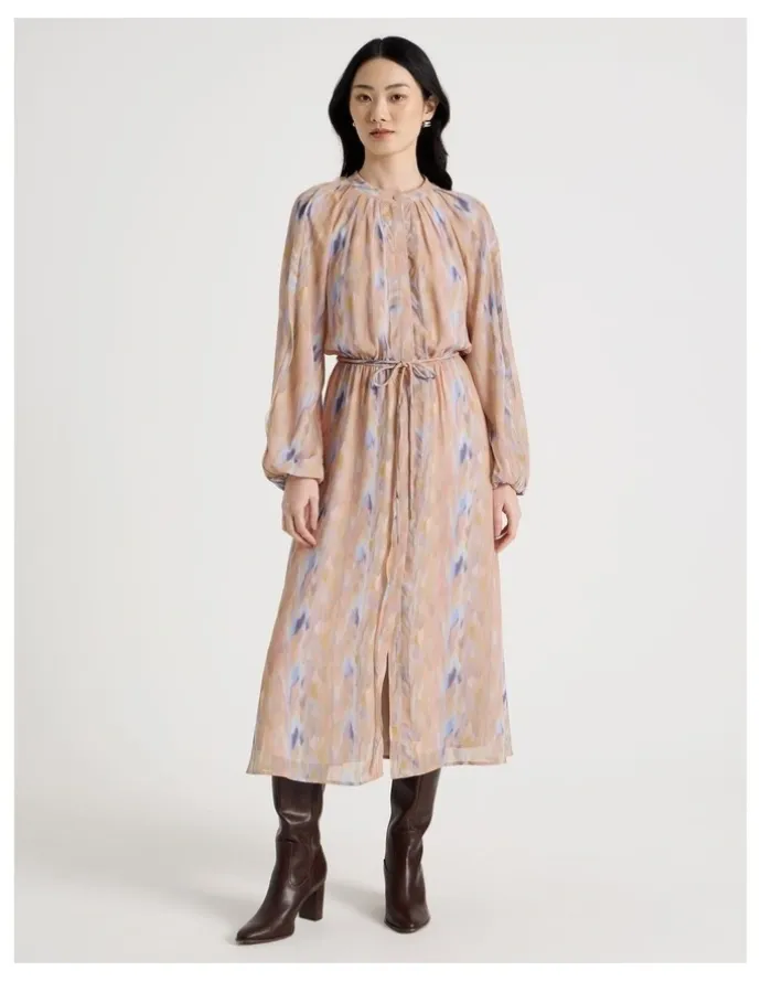 Basque Long Sleeve Midi Georgette Dress with Belt in Abstract Print