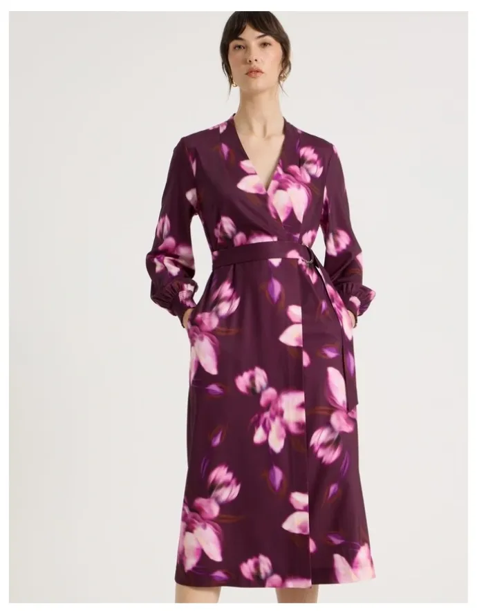 Basque Long Sleeve Wrap Dry Poly Twill Dress in Pink Blurred Floral Print