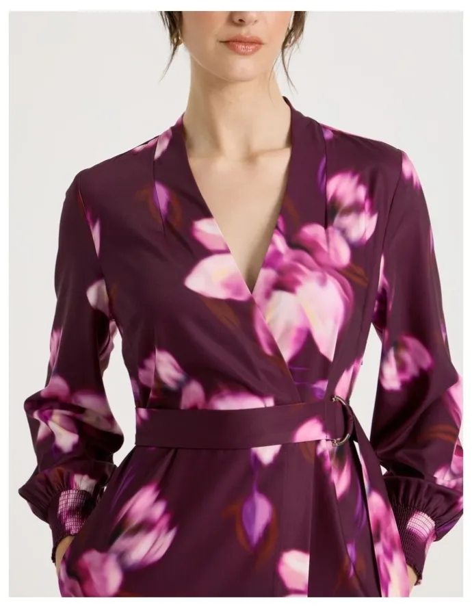 Basque Long Sleeve Wrap Dry Poly Twill Dress in Pink Blurred Floral Print
