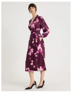 Basque Long Sleeve Wrap Dry Poly Twill Dress in Pink Blurred Floral Print