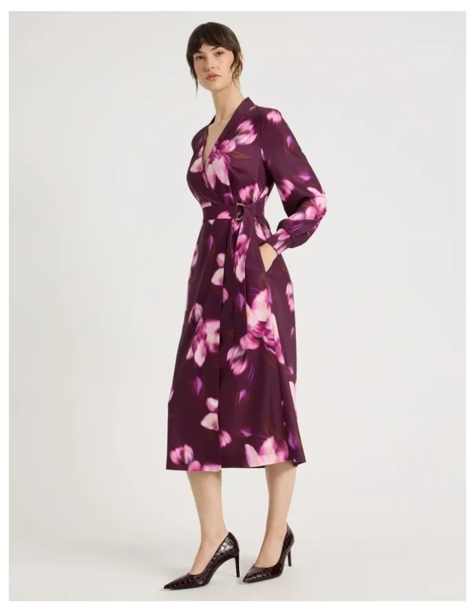 Basque Long Sleeve Wrap Dry Poly Twill Dress in Pink Blurred Floral Print