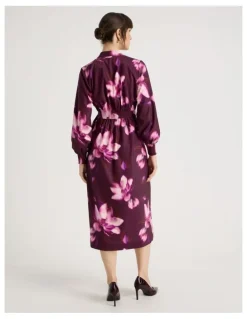 Basque Long Sleeve Wrap Dry Poly Twill Dress in Pink Blurred Floral Print