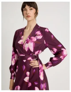 Basque Long Sleeve Wrap Dry Poly Twill Dress in Pink Blurred Floral Print