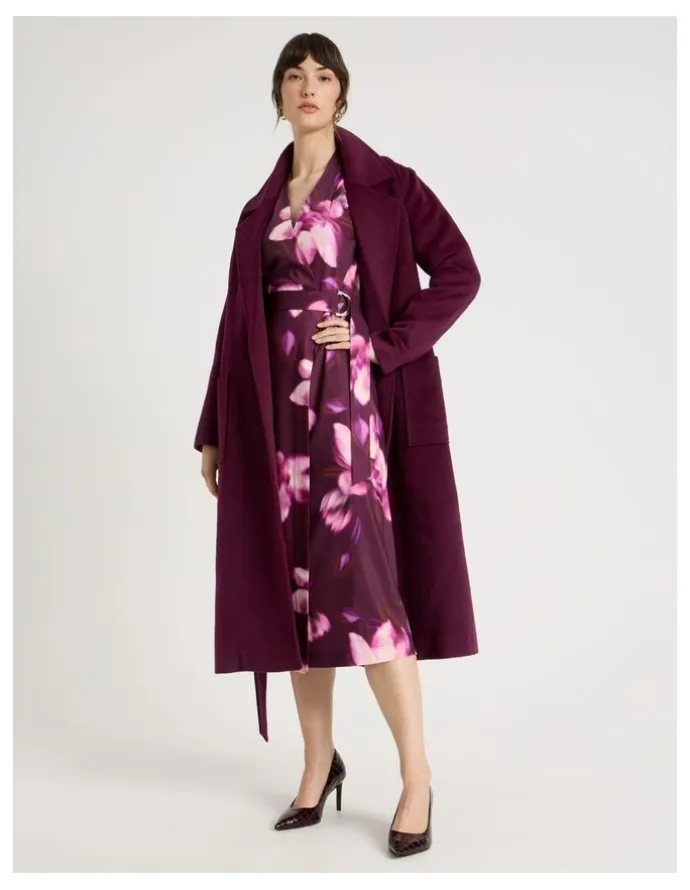Basque Long Sleeve Wrap Dry Poly Twill Dress in Pink Blurred Floral Print