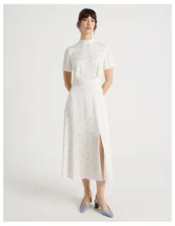 Basque Short Sleeve Satin High Neck Midi Dress in White and Blue Polka Dot