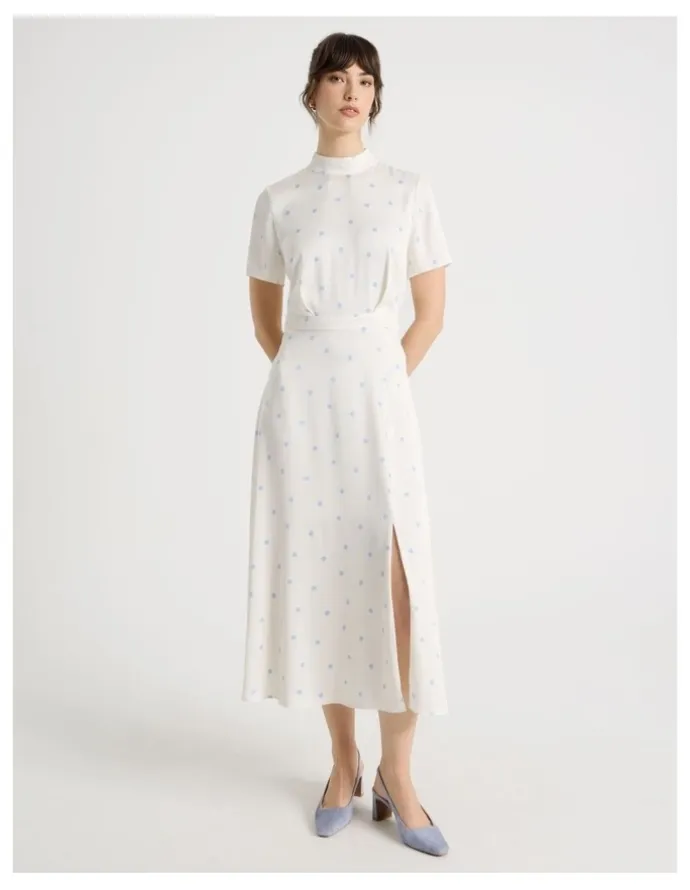 Basque Short Sleeve Satin High Neck Midi Dress in White and Blue Polka Dot