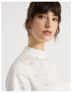 Basque Short Sleeve Satin High Neck Midi Dress in White and Blue Polka Dot