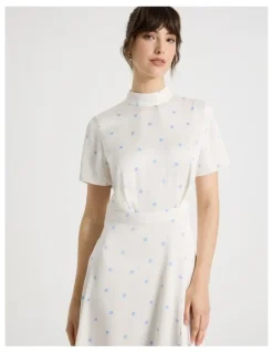 Basque Short Sleeve Satin High Neck Midi Dress in White and Blue Polka Dot