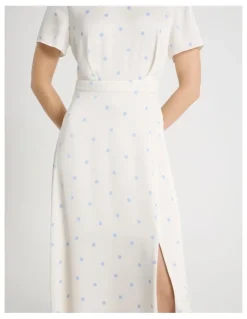 Basque Short Sleeve Satin High Neck Midi Dress in White and Blue Polka Dot