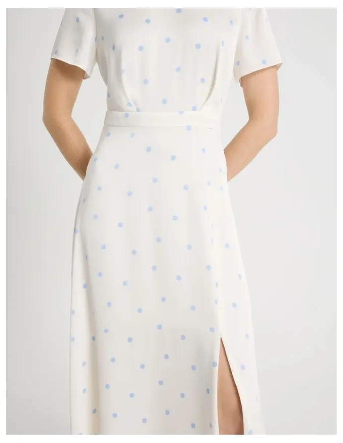 Basque Short Sleeve Satin High Neck Midi Dress in White and Blue Polka Dot