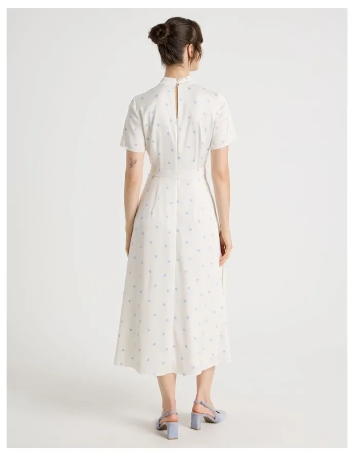 Basque Short Sleeve Satin High Neck Midi Dress in White and Blue Polka Dot
