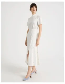 Basque Short Sleeve Satin High Neck Midi Dress in White and Blue Polka Dot