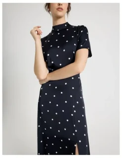 Basque Short Sleeve Satin High Neck Midi Dress in Black and White Polka Dot Print